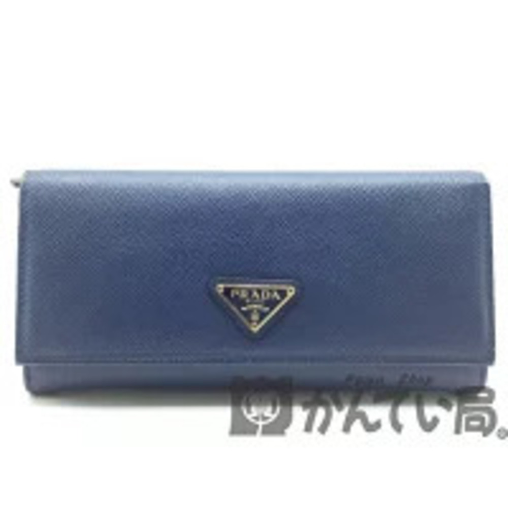 PRADA Saffiano Bi fold Long Wallet Leather Navy Blue Triangle Plate
